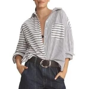 Maeve Bennett Oversized Striped Button Down Long Sleeve Shirt Black White Small